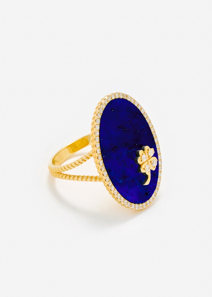 BAGUE MÉDAILLON TRÈFLE LAPIS LAZULI OR JAUNE