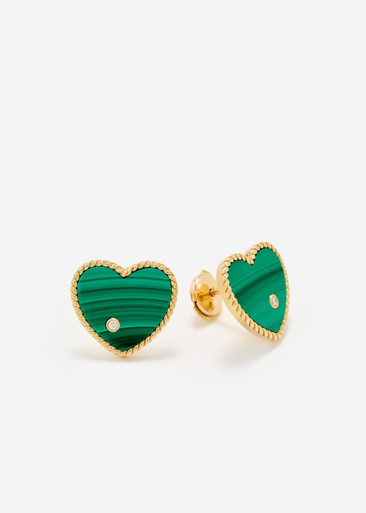 PAIRE DE PUCES COEUR MALACHITE OR JAUNE