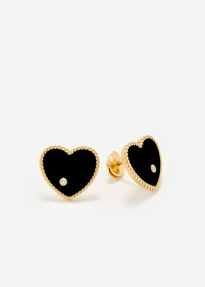 PAIRE DE PUCES COEUR ONYX OR JAUNE