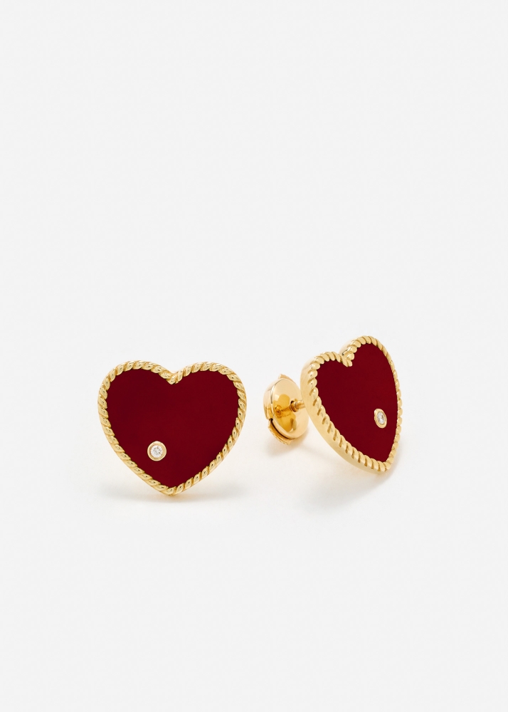 PAIRE DE PUCES COEUR AGATE ROUGE OR JAUNE