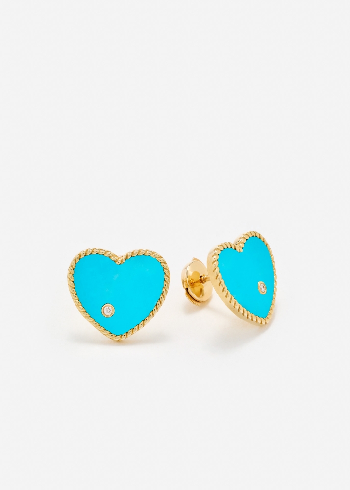 PAIRE DE PUCES COEUR TURQUOISE OR JAUNE