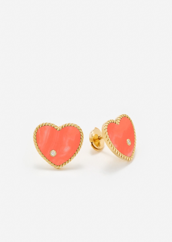 PAIRE DE PUCES COEUR CORAIL OR JAUNE