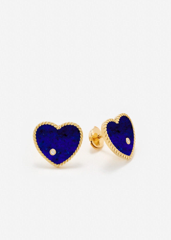 PAIRE DE PUCES COEUR LAPIS LAZULI OR JAUNE