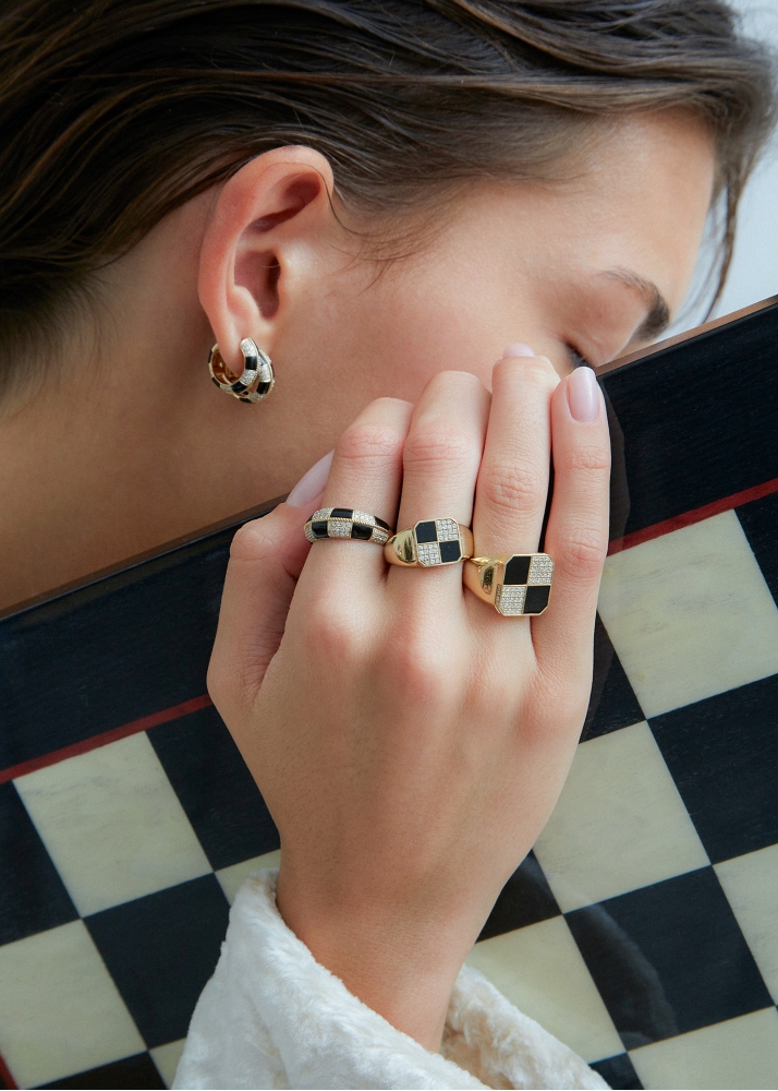 MINI BAGUE DAMIER ONYX OR JAUNE