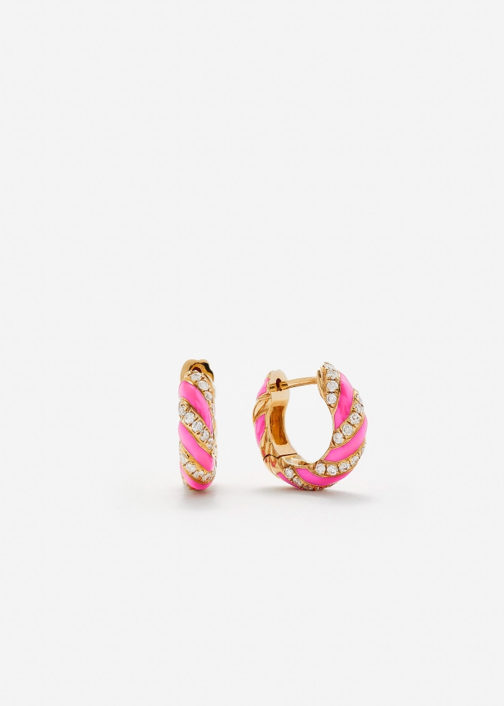 PAIRE DE CRÉOLES TORSADE FUCHSIA DIAMANTS OR JAUNE