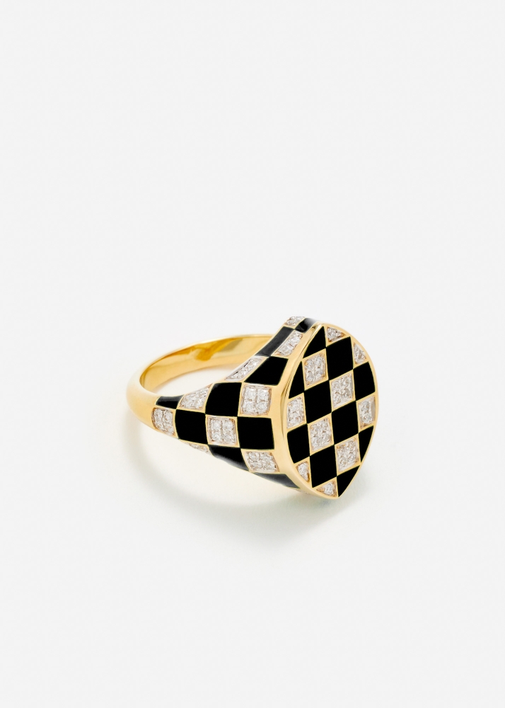 CHEVALIÈRE MARQUISE DAMIER NOIR OR JAUNE