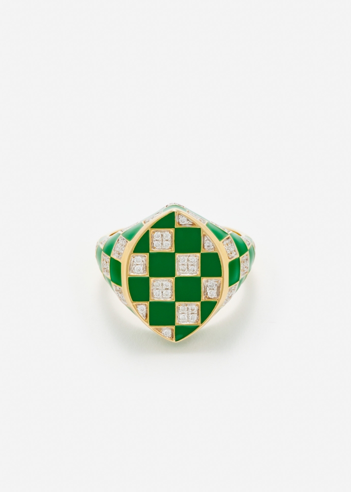CHEVALIÈRE MARQUISE DAMIER VERT OR JAUNE