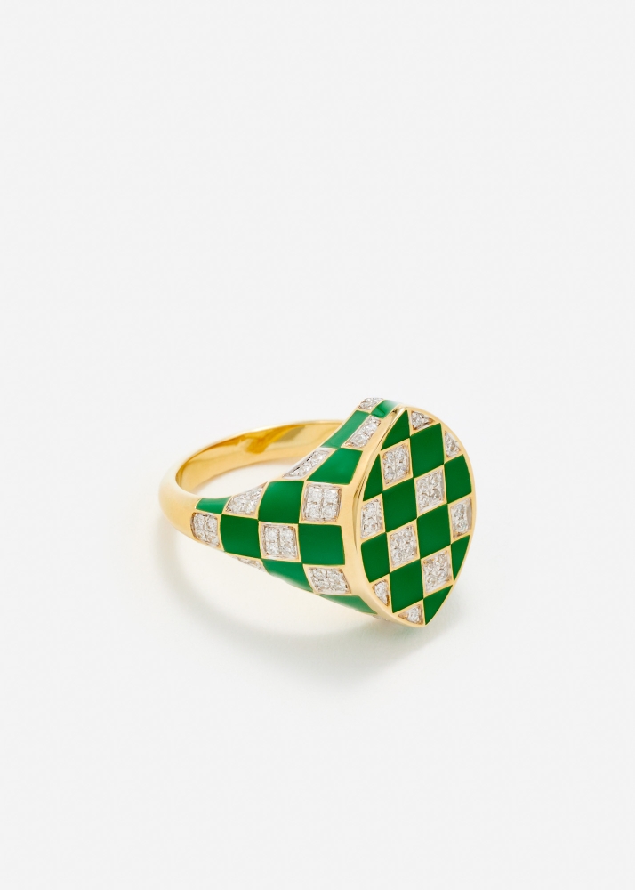 CHEVALIÈRE MARQUISE DAMIER VERT OR JAUNE