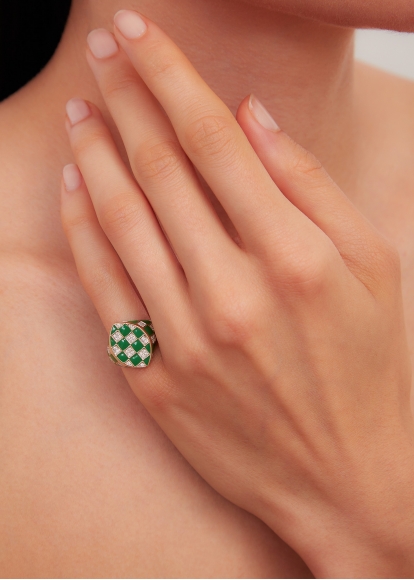 CHEVALIÈRE MARQUISE DAMIER VERT OR JAUNE