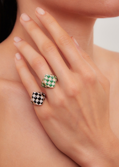 CHEVALIÈRE MARQUISE DAMIER VERT OR JAUNE
