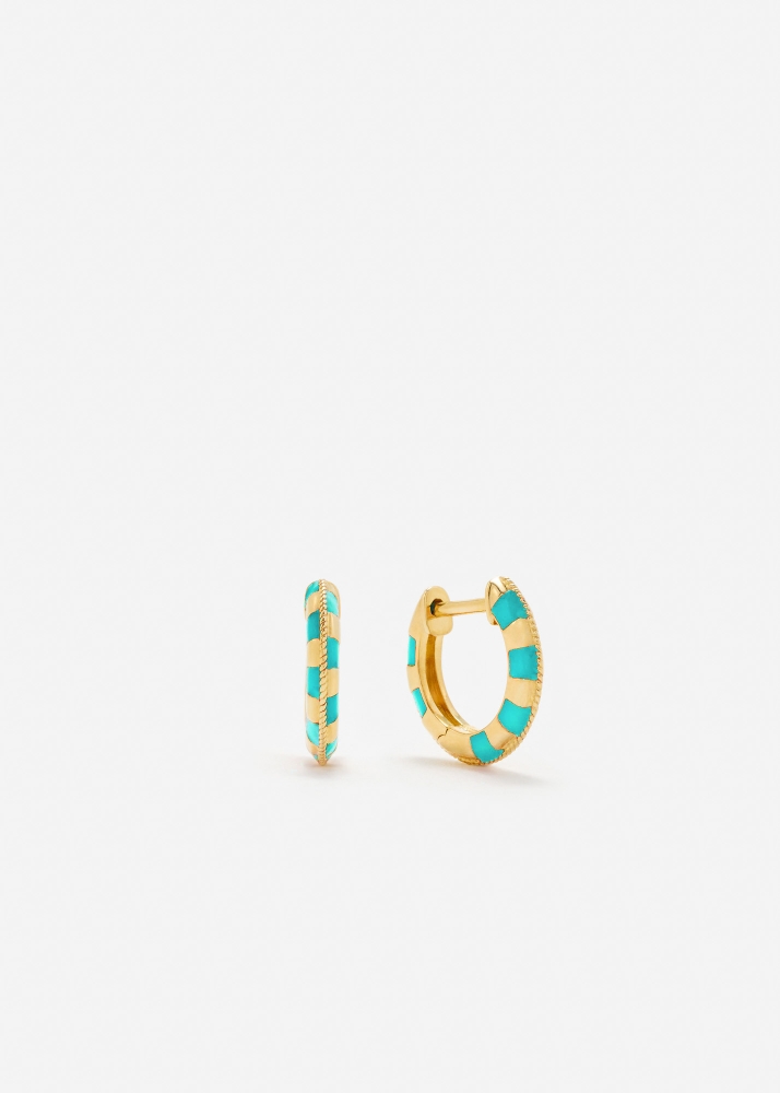 PAIRE DE NANO CRÉOLES DAMIER TURQUOISE OR JAUNE