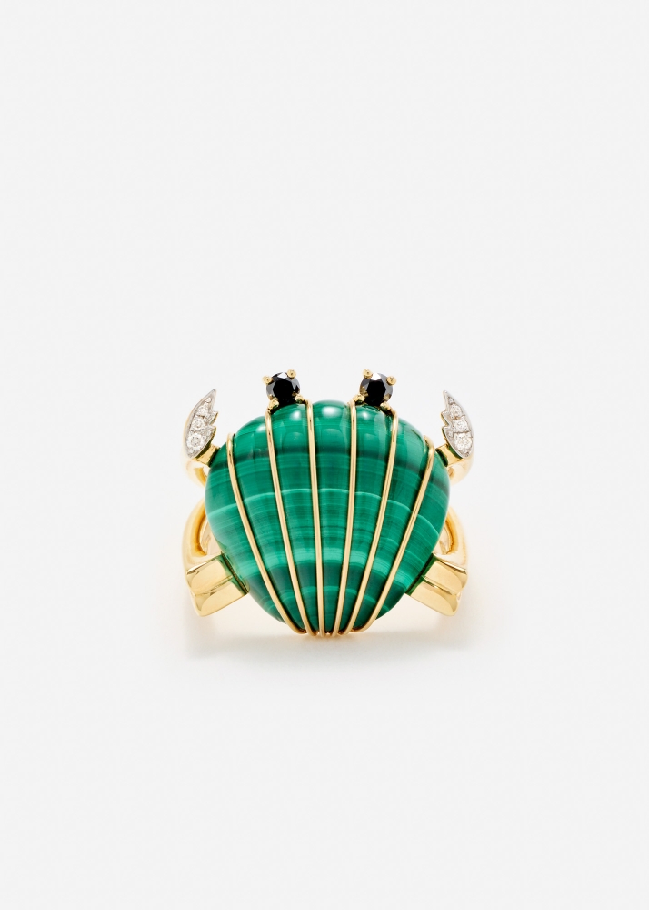 BAGUE CRABE COQUILLAGE MALACHITE OR JAUNE