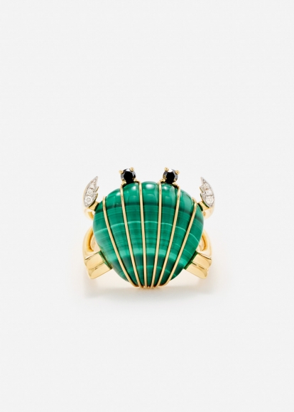 BAGUE CRABE COQUILLAGE MALACHITE OR JAUNE
