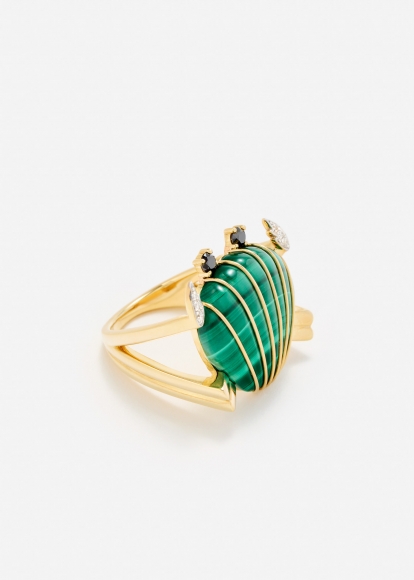 BAGUE CRABE COQUILLAGE MALACHITE OR JAUNE