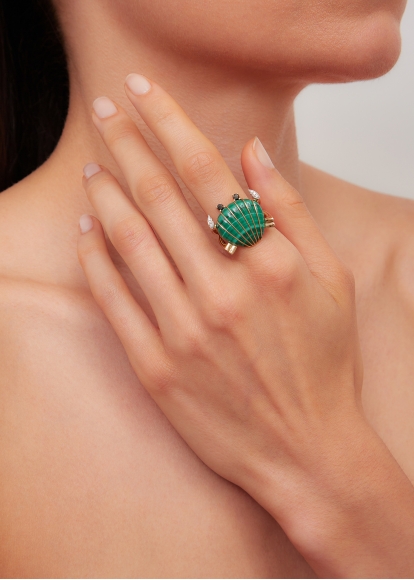 BAGUE CRABE COQUILLAGE MALACHITE OR JAUNE