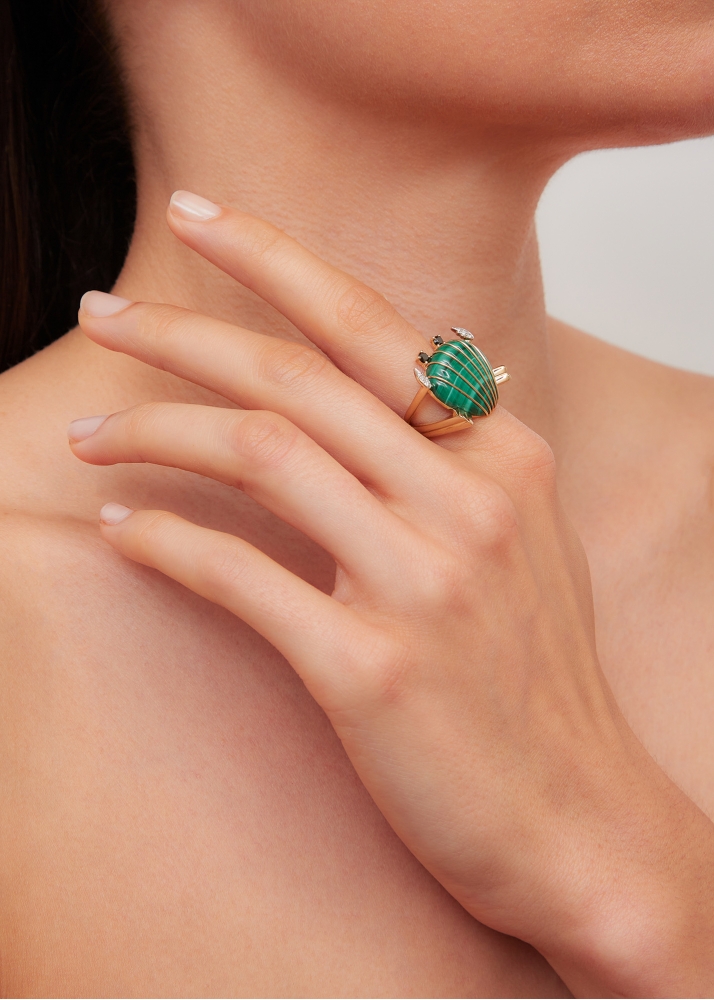 BAGUE CRABE COQUILLAGE MALACHITE OR JAUNE