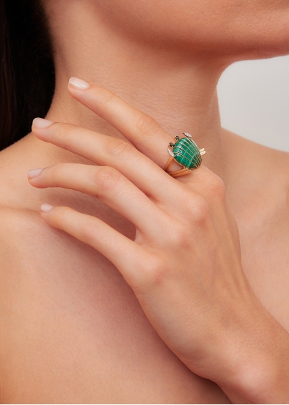BAGUE CRABE COQUILLAGE MALACHITE OR JAUNE