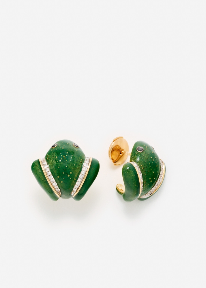 PAIRE DE BOUCLES D’OREILLE GRENOUILLE VERTE OR JAUNE