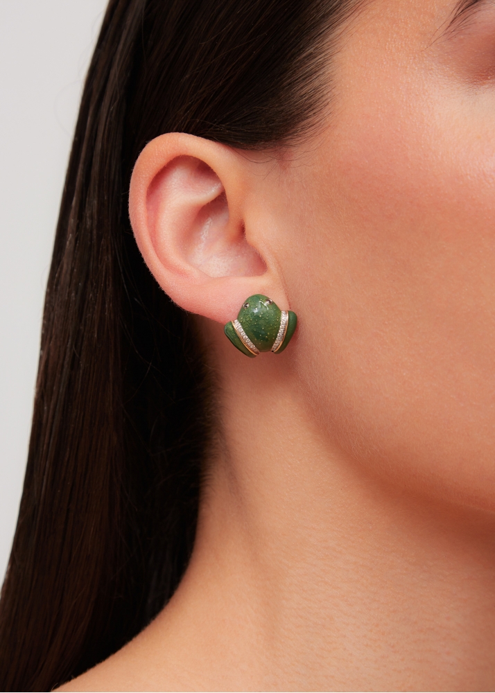 PAIRE DE BOUCLES D’OREILLE GRENOUILLE VERTE OR JAUNE