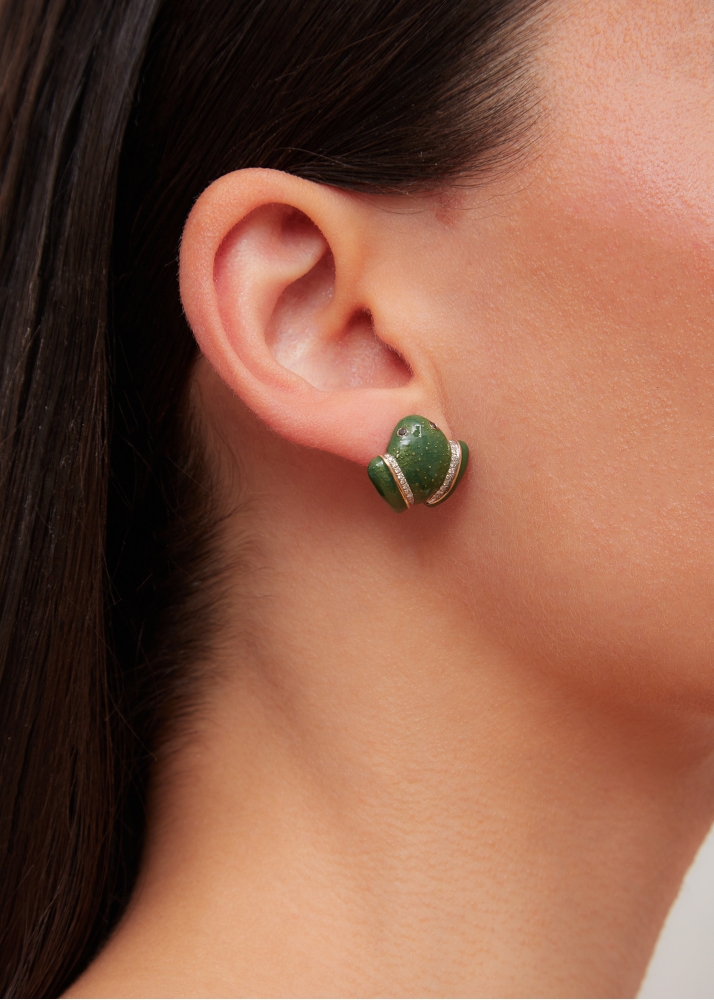 PAIRE DE BOUCLES D’OREILLE GRENOUILLE VERTE OR JAUNE