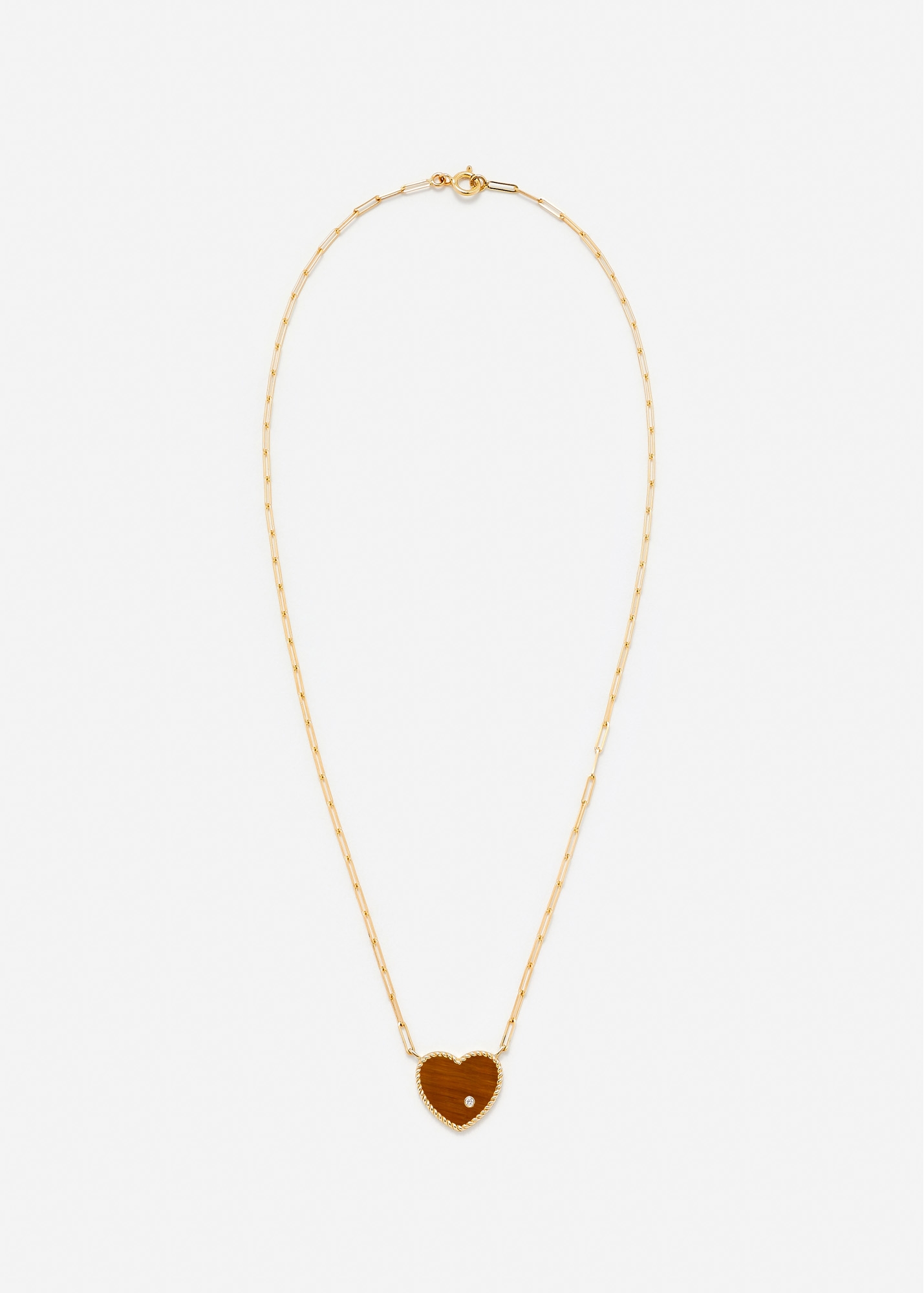 COLLIER SOLITAIRE COEUR PLAQUE OEIL DE TIGRE OR JAUNE