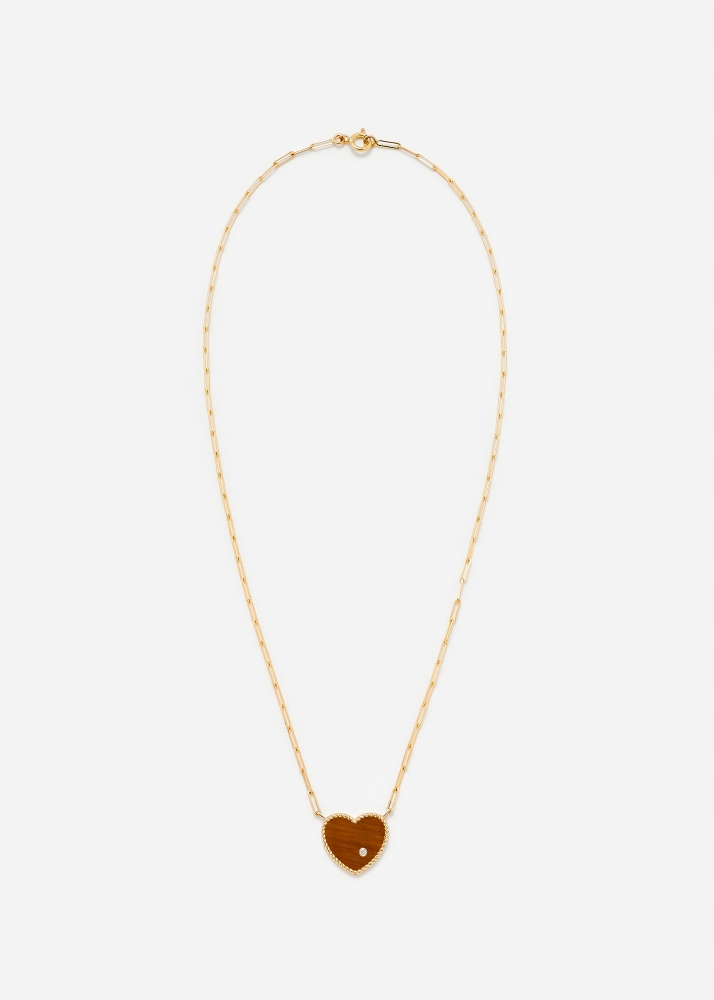 COLLIER SOLITAIRE COEUR PLAQUE OEIL DE TIGRE OR JAUNE