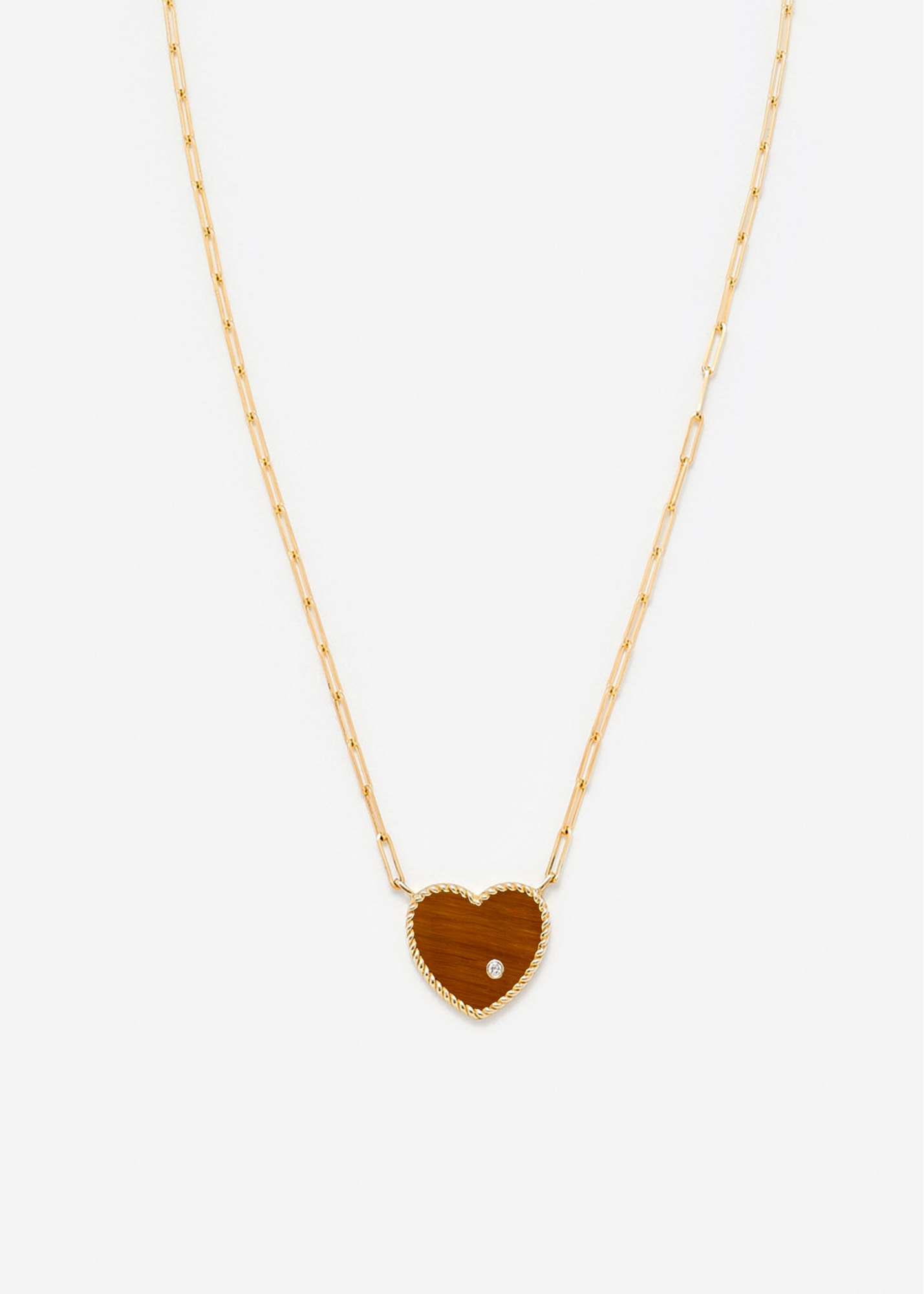 COLLIER SOLITAIRE COEUR PLAQUE OEIL DE TIGRE OR JAUNE