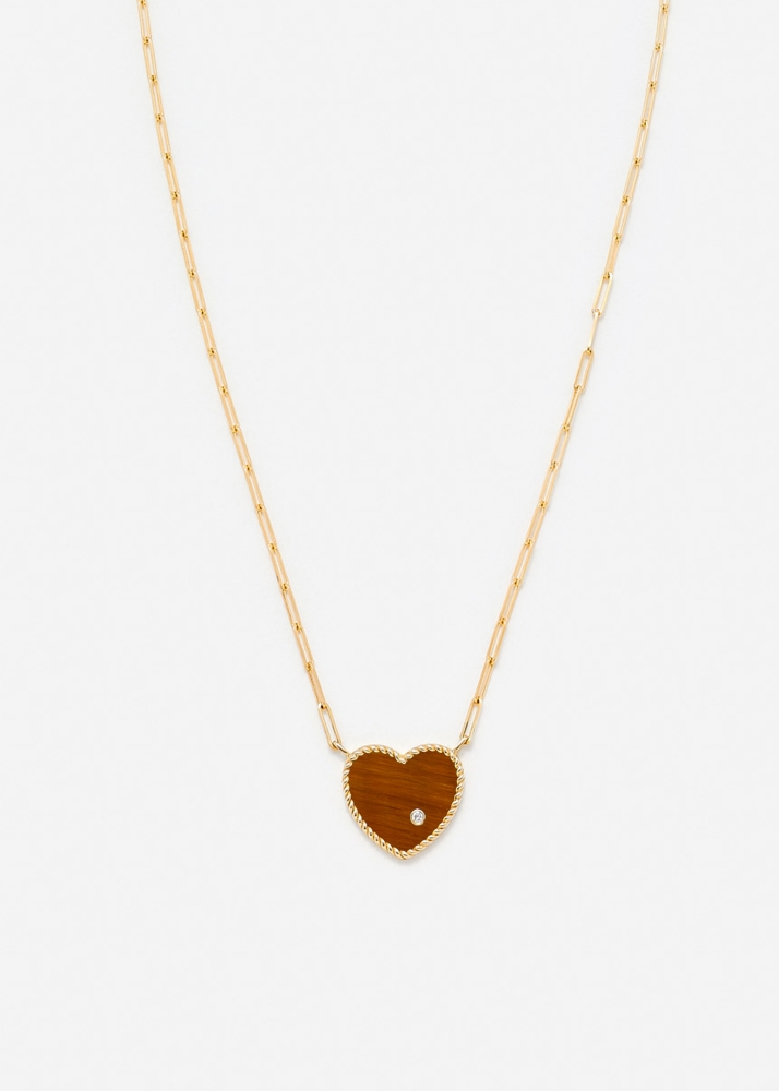 COLLIER SOLITAIRE COEUR PLAQUE OEIL DE TIGRE OR JAUNE