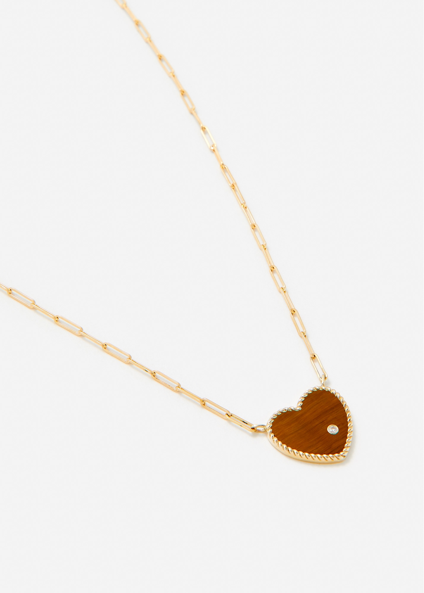 COLLIER SOLITAIRE COEUR PLAQUE OEIL DE TIGRE OR JAUNE