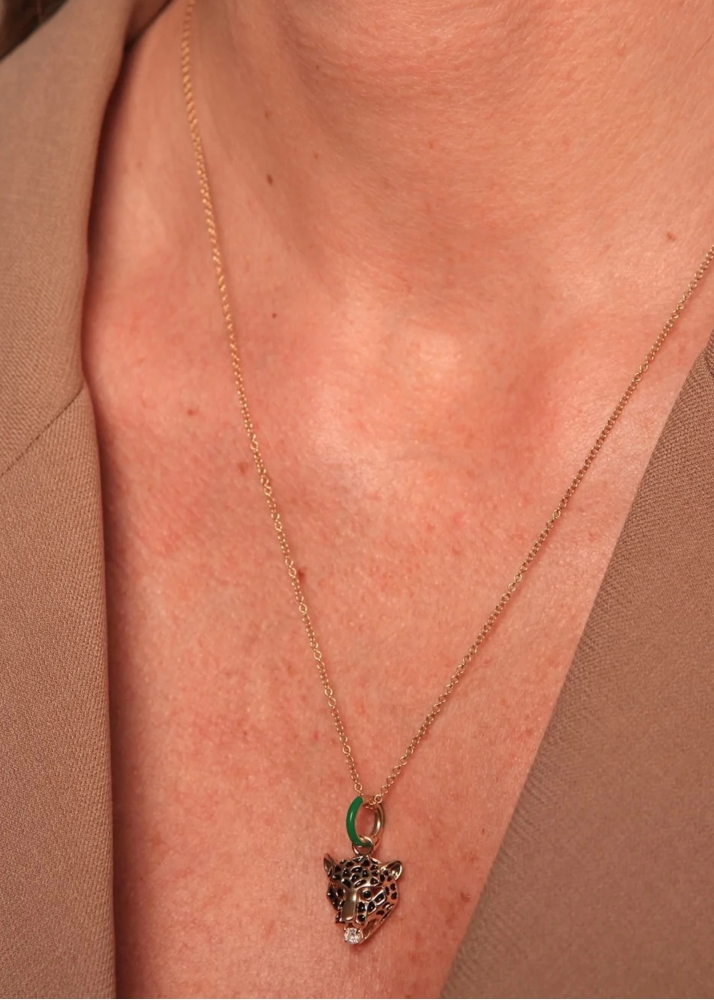 PENDENTIF LEOPARD + BELIERES VERTE & DIA OR JAUNE