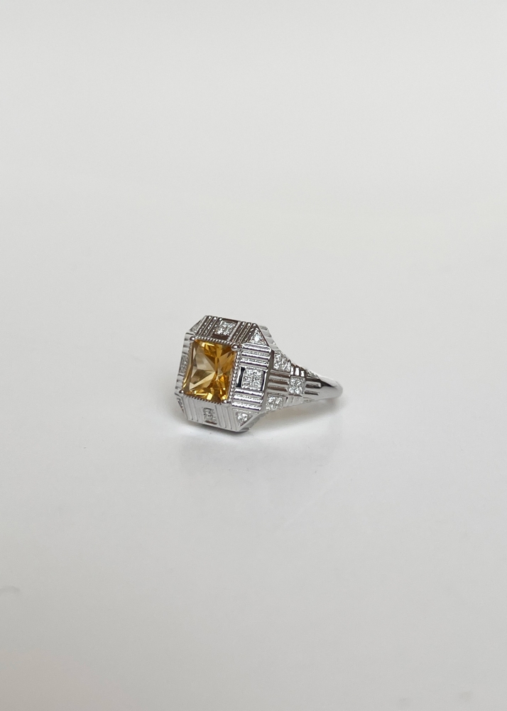 Bague Damier Rayures Citrine Or Blanc