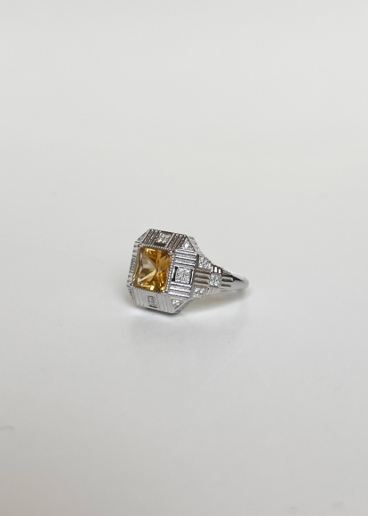 Bague Damier Rayures Citrine Or Blanc