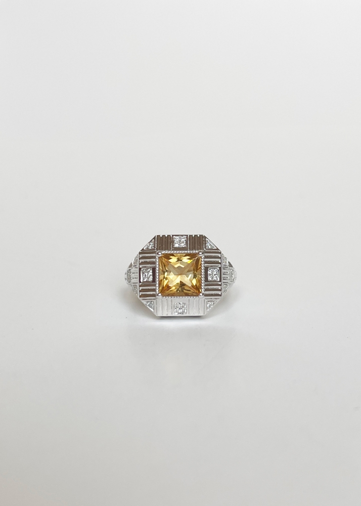 Bague Damier Rayures Citrine Or Blanc
