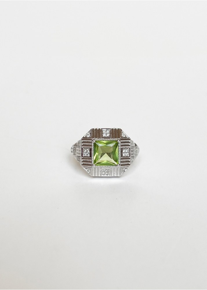 Bague Damier Rayures Peridot Or Blanc