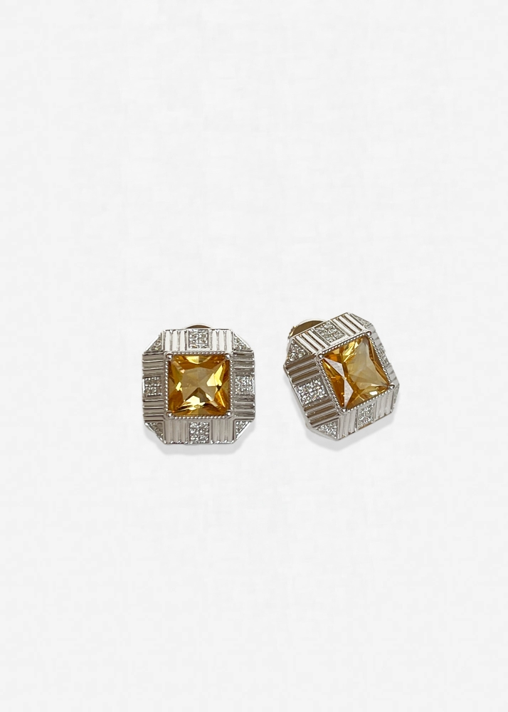 Paire De Boucles d'Oreilles Damier Rayures Citrines Or Blanc