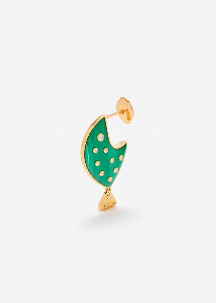 BOUCLE D’OREILLE POISSON CLOWN MALACHITE PM OR JAUNE