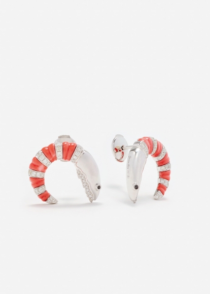 PAIRE DE BOUCLES D’OREILLE ÉCREVISSE CORAIL OR BLANC