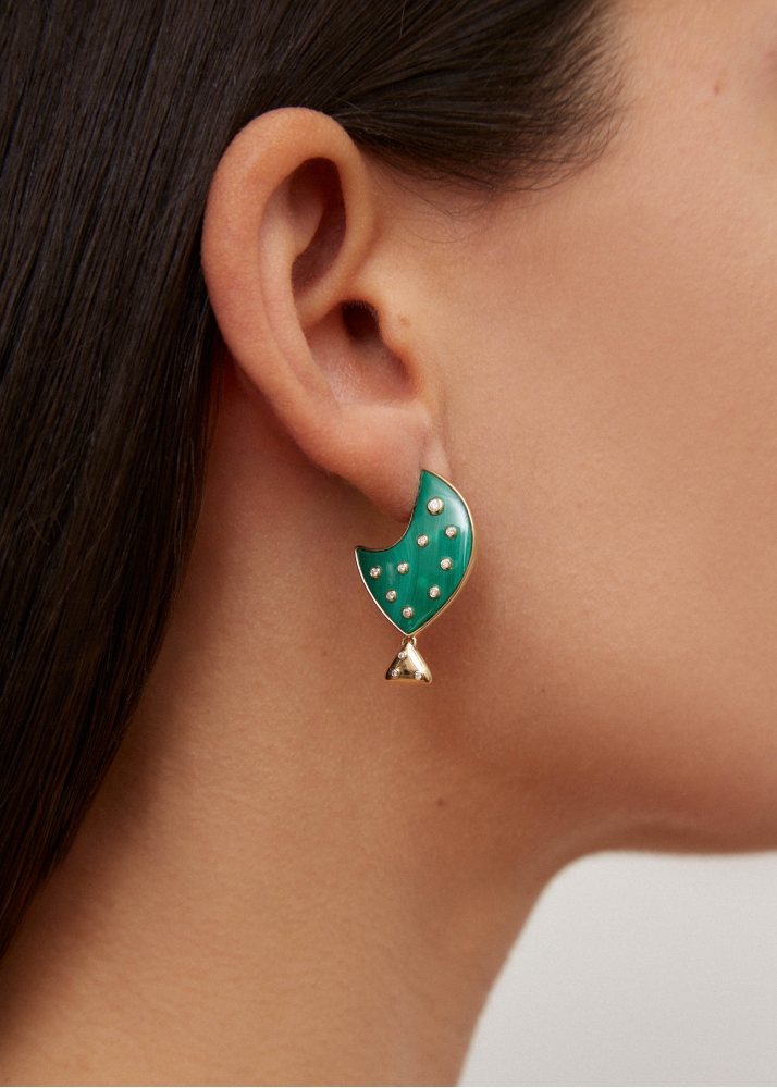 BOUCLE D’OREILLE POISSON CLOWN MALACHITE PM OR JAUNE