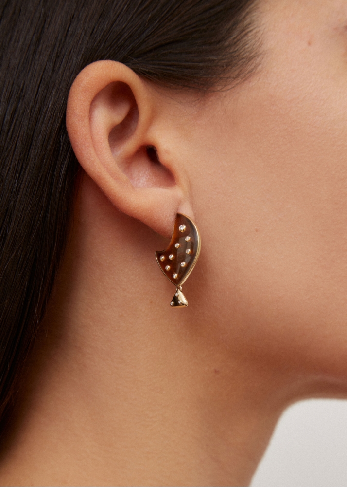 BOUCLE D’OREILLE POISSON CLOWN OEIL DE TIGRE PM OR JAUNE