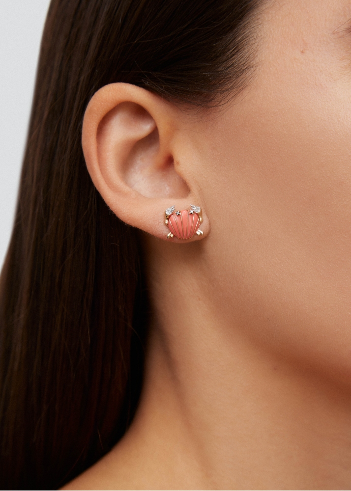 PAIRE DE MINI PUCES CRABE COQUILLAGE CORAIL OR JAUNE