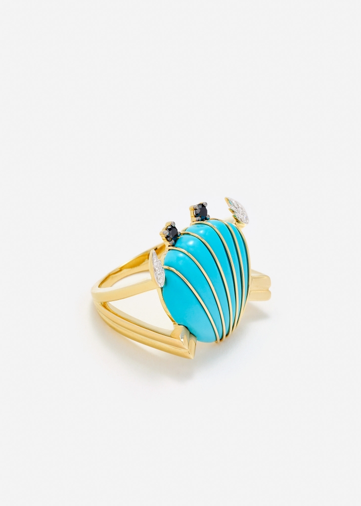 BAGUE CRABE COQUILLAGE TURQUOISE OR JAUNE
