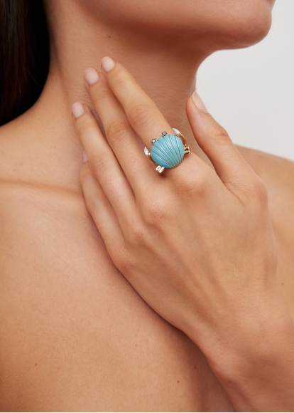 BAGUE CRABE COQUILLAGE TURQUOISE OR JAUNE