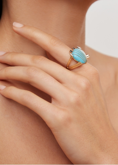 BAGUE CRABE COQUILLAGE TURQUOISE OR JAUNE