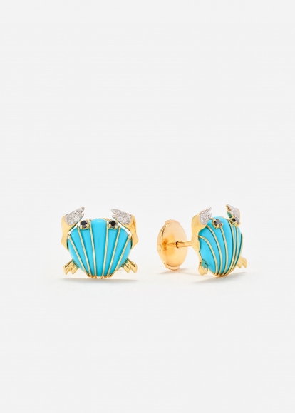 PAIRE DE MINI PUCES CRABE COQUILLAGE TURQUOISE OR JAUNE