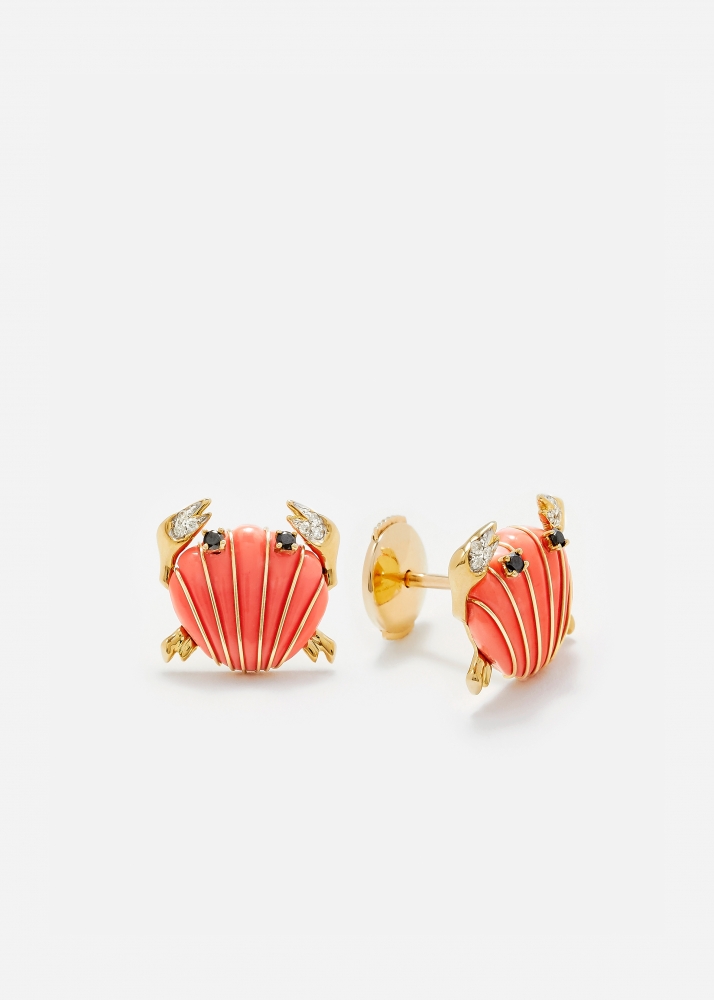 PAIRE DE MINI PUCES CRABE COQUILLAGE CORAIL OR JAUNE