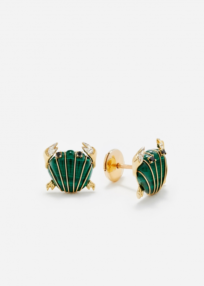 PAIRE DE MINI PUCES CRABE COQUILLAGE MALACHITE OR JAUNE