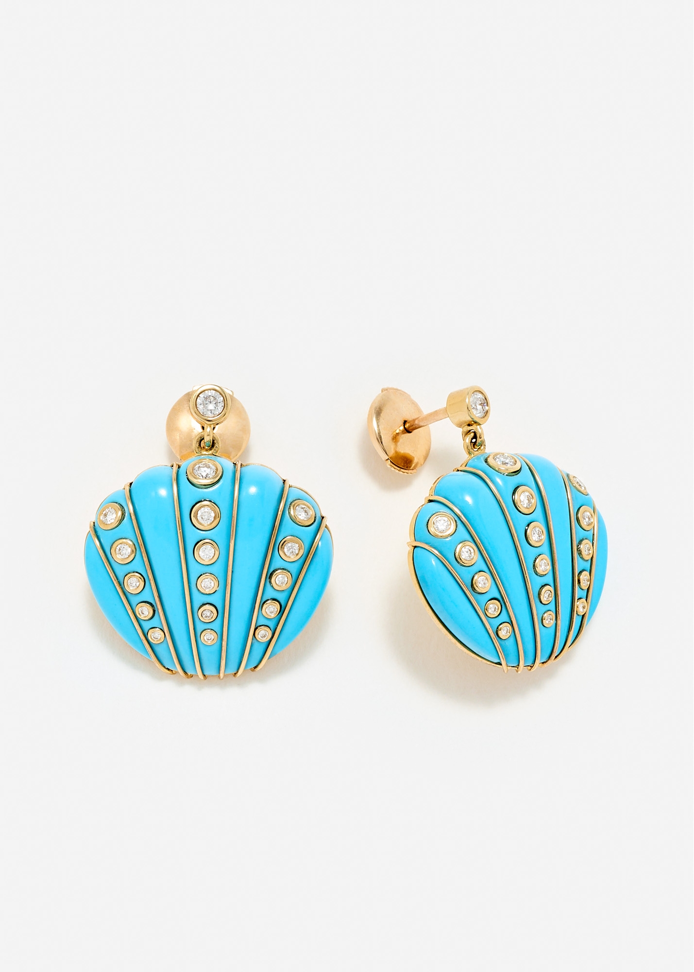 PAIRE DE BOUCLES D’OREILLE COQUILLAGE DIAMANTS TURQUOISE OR JAUNE