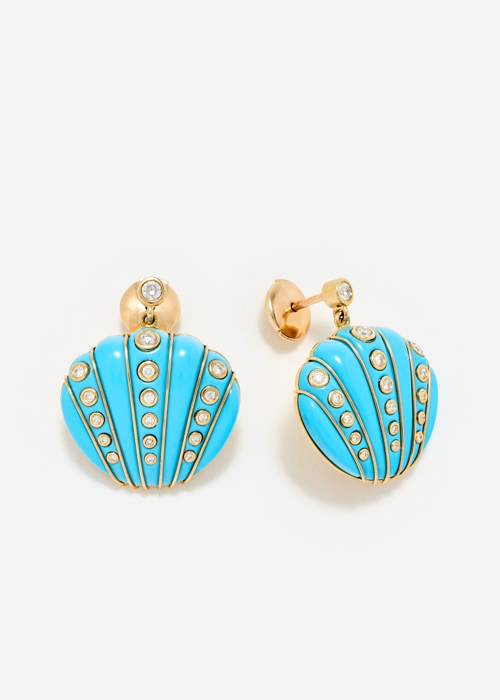PAIRE DE BOUCLES D’OREILLE COQUILLAGE DIAMANTS TURQUOISE OR JAUNE