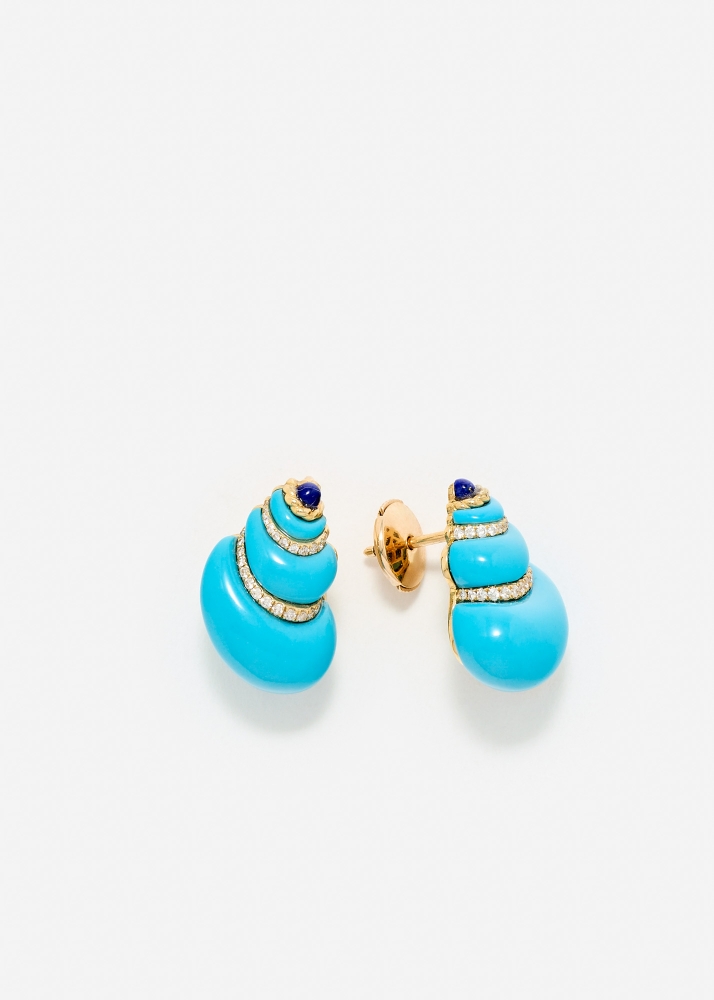 PAIRE DE MINI BOUCLES D’OREILLE COQUILLAGE TURQUOISE OR JAUNE
