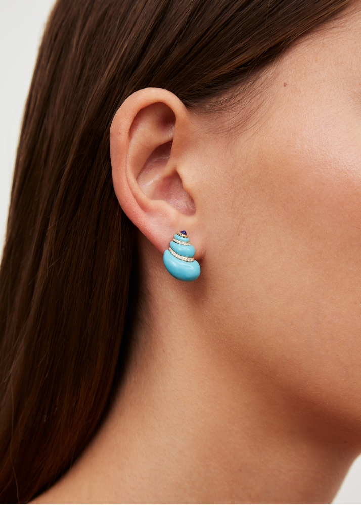 PAIRE DE MINI BOUCLES D’OREILLE COQUILLAGE TURQUOISE OR JAUNE